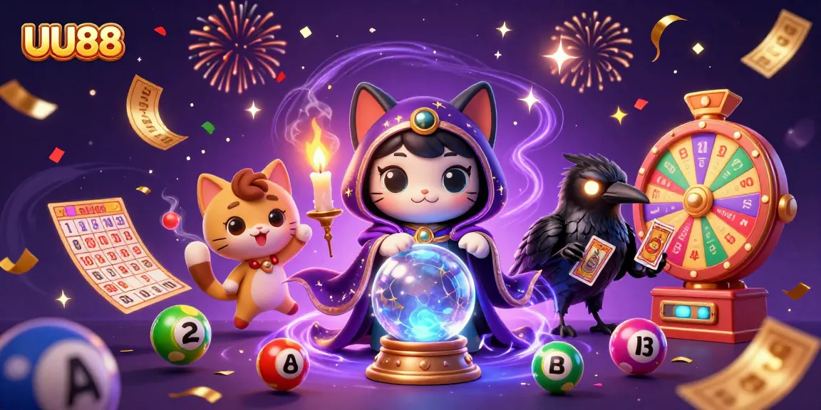 Experience thrilling luck at UU88 with vibrant lottery balls and mystical characters in a casino scene.