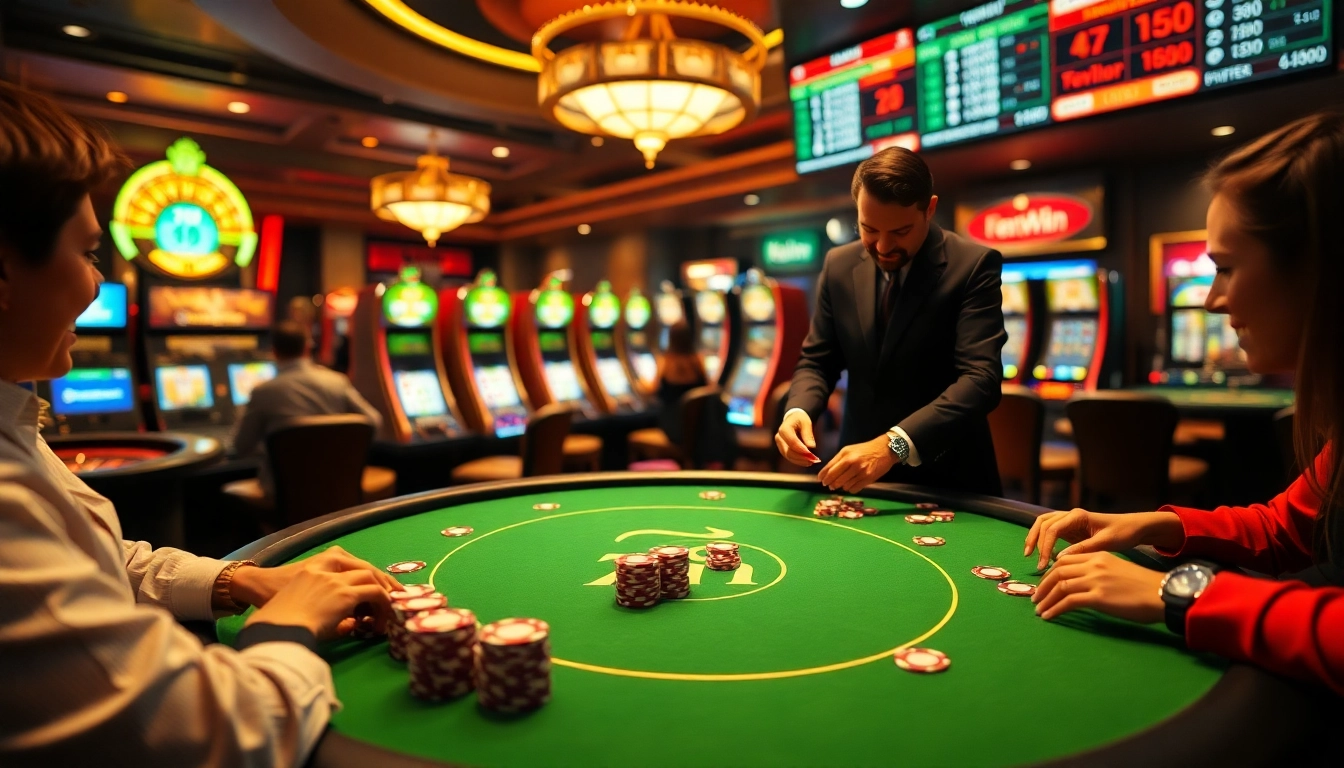 78Win casino scene with poker table, roulette wheel, and vibrant slot machines, showcasing excitement.