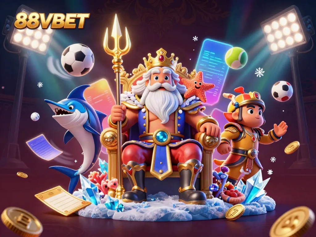 Experience the excitement of 88VBET with Neptune surrounded by sports elements and trophies.