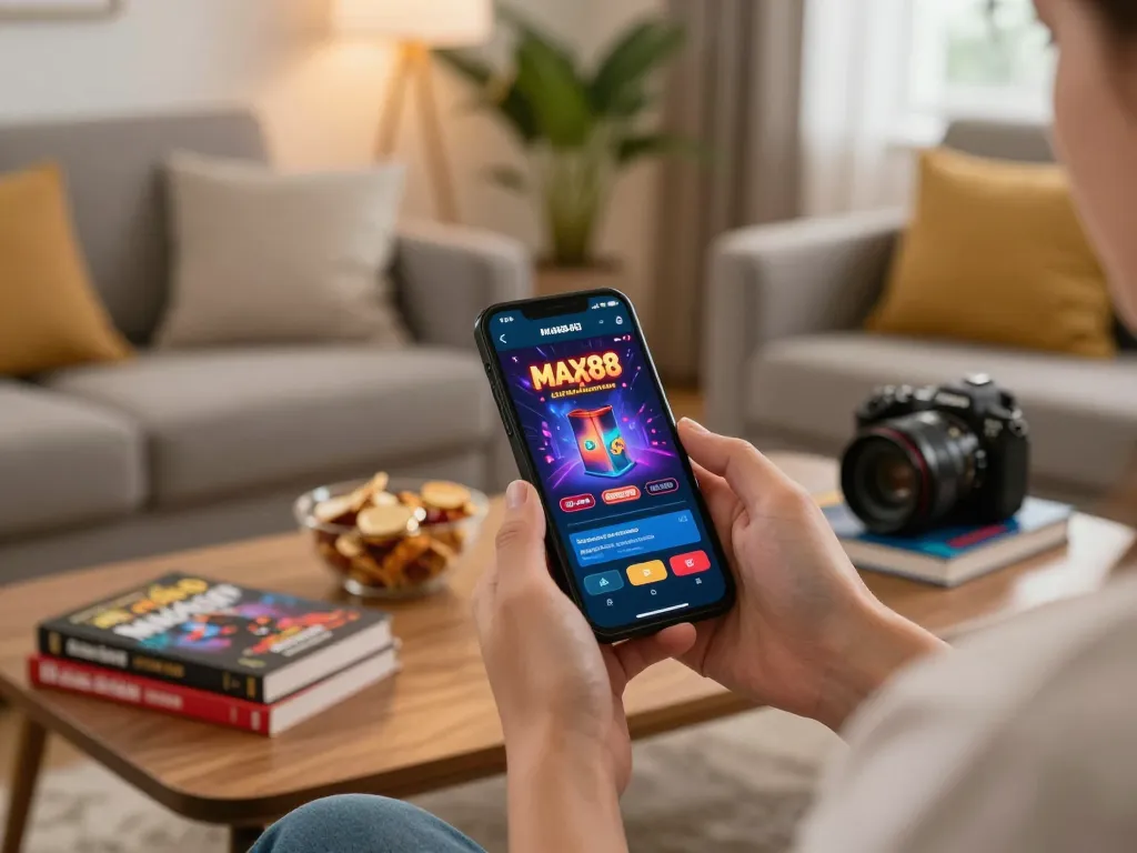 Engaging with the max88 app for an immersive online casino gaming experience with a cozy setup.