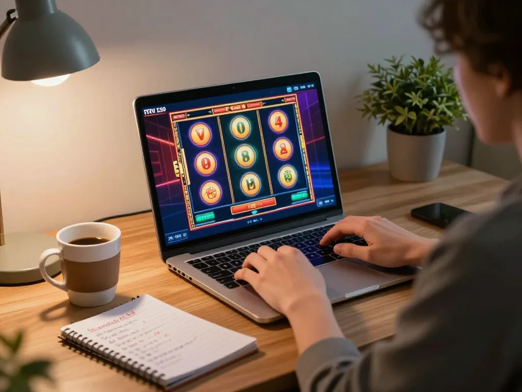 Playing slots on Trang chủ go99 from a cozy home workspace, showcasing vibrant graphics and personalized strategy.