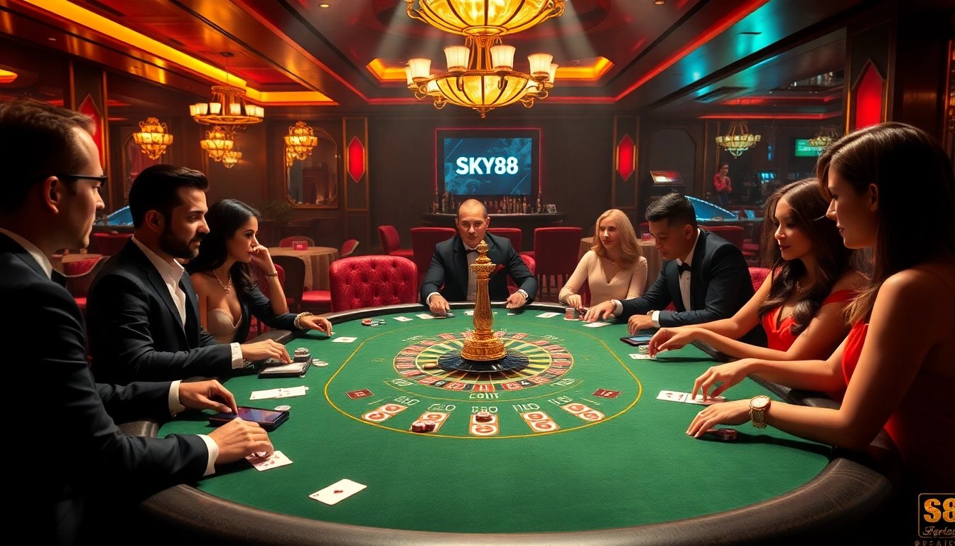 Experience the thrill of SKY88 as players engage in an exciting poker game at a luxurious casino table.