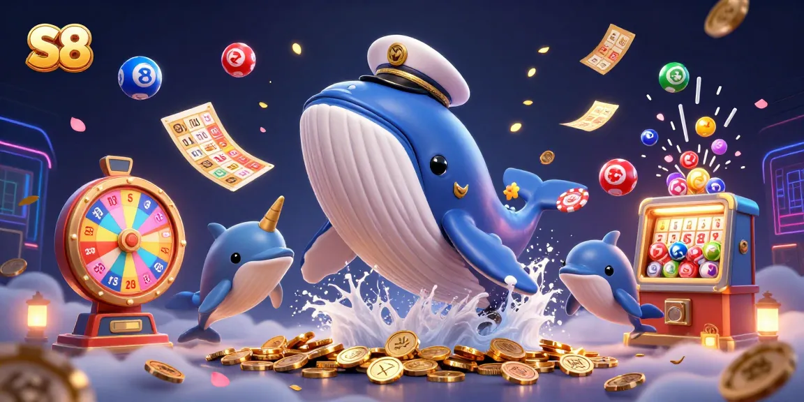 S8 casino's exciting gaming scene with 3D whale, playful dolphins, and vibrant lottery elements.