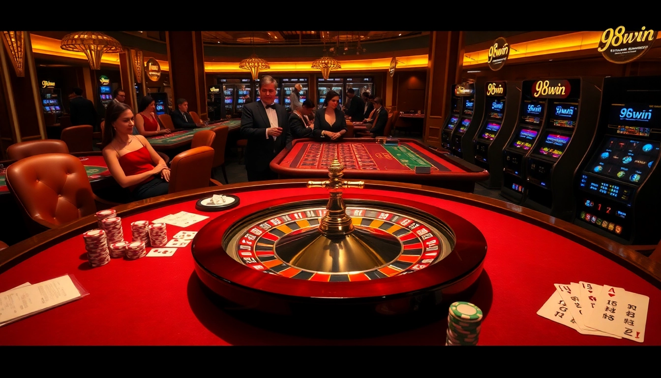 Gambling excitement at 98win casino with vibrant roulette wheel and luxury gaming tables.