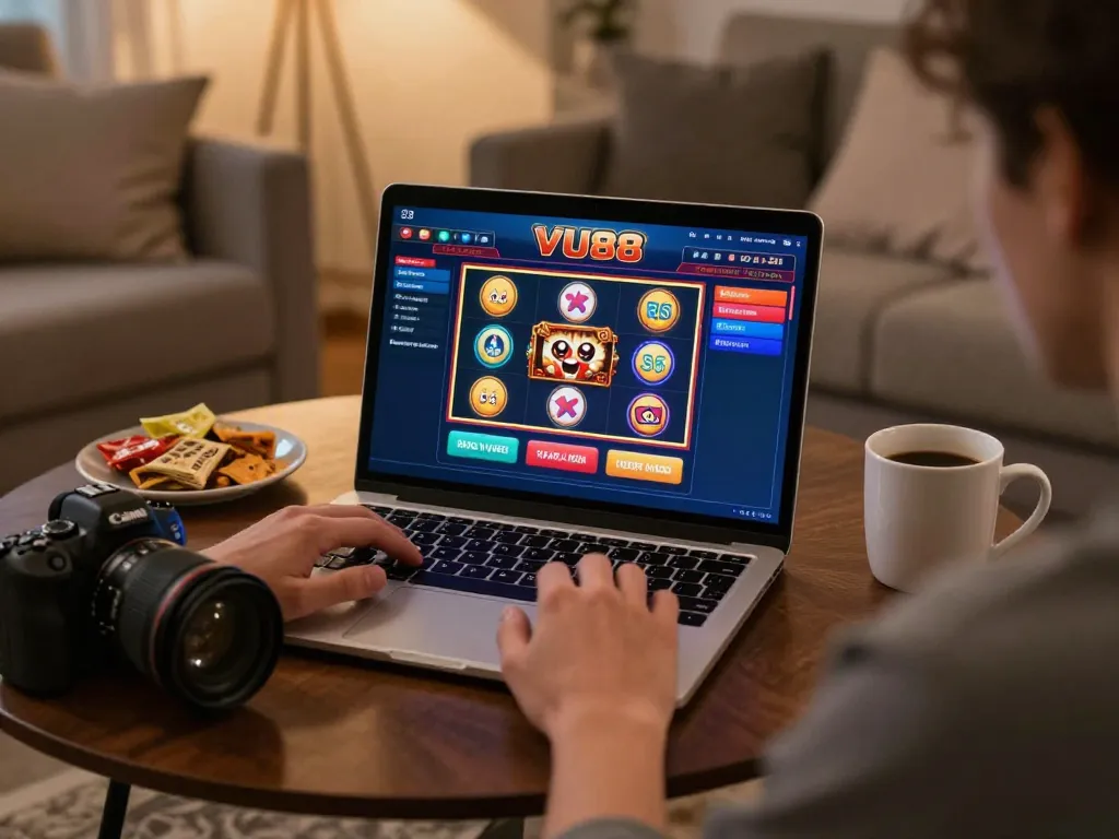 Player engaging with VU88 online slots on a cozy couch, showcasing a vibrant gaming atmosphere.