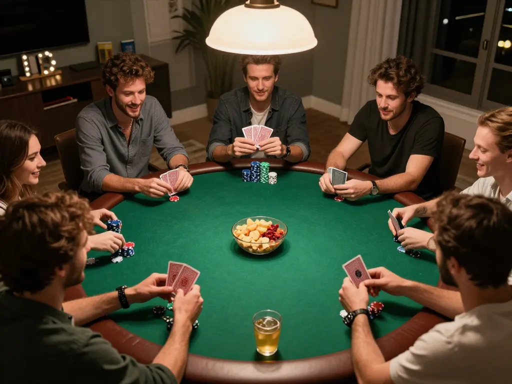 Tic88 poker night with friends enjoying cards and chips in a warm atmosphere.