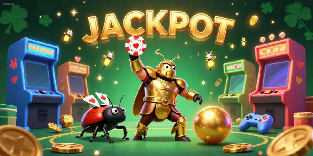 Experience the excitement of ea88 apk in a vibrant 3D casino scene featuring a heroic beetle character and colorful game elements.