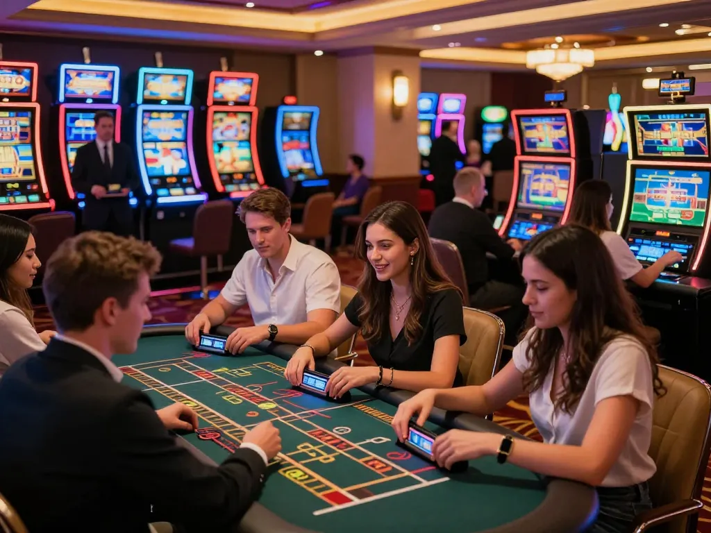 Engaged players at https://ko66a.uk.com/ in a luxurious casino atmosphere with live dealers and vibrant gaming activities.