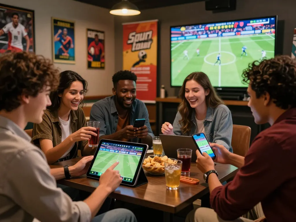 Friends enjoying live sports while betting on FABET with excitement in a lively atmosphere.