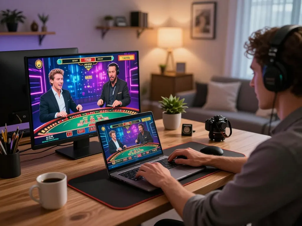 Engaged player exploring rr88 online casino games on a laptop in a stylish home office