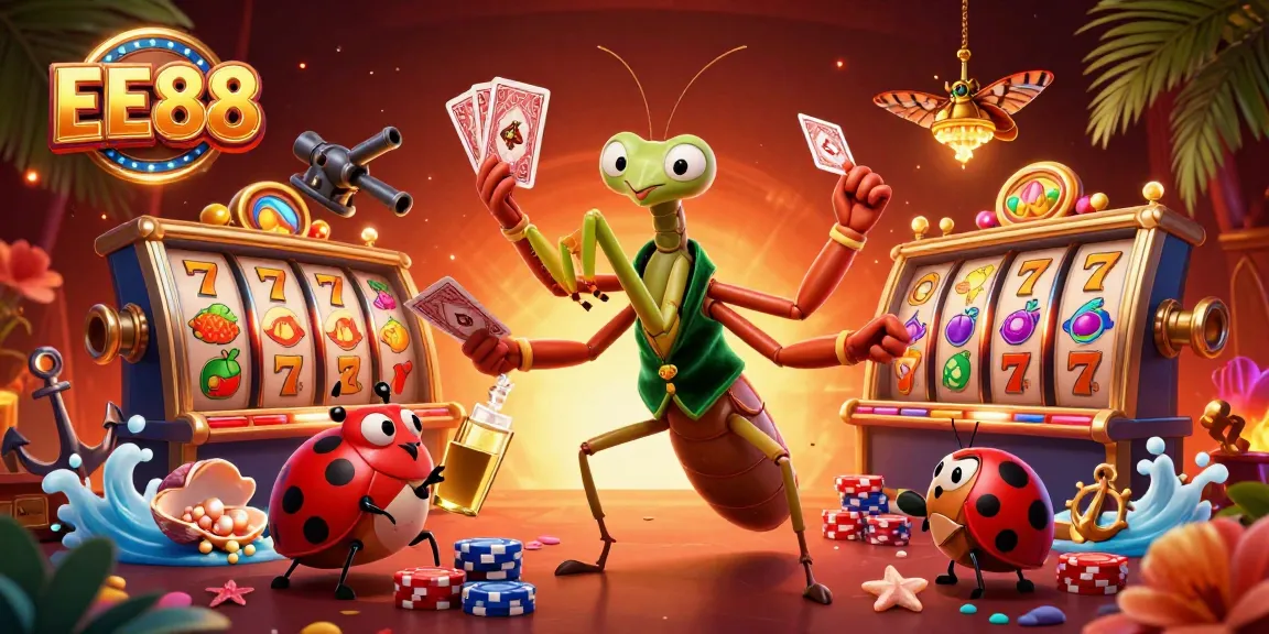 Experience thrilling casino action at EE88 with stylish characters dealing cards and vibrant slot game elements.