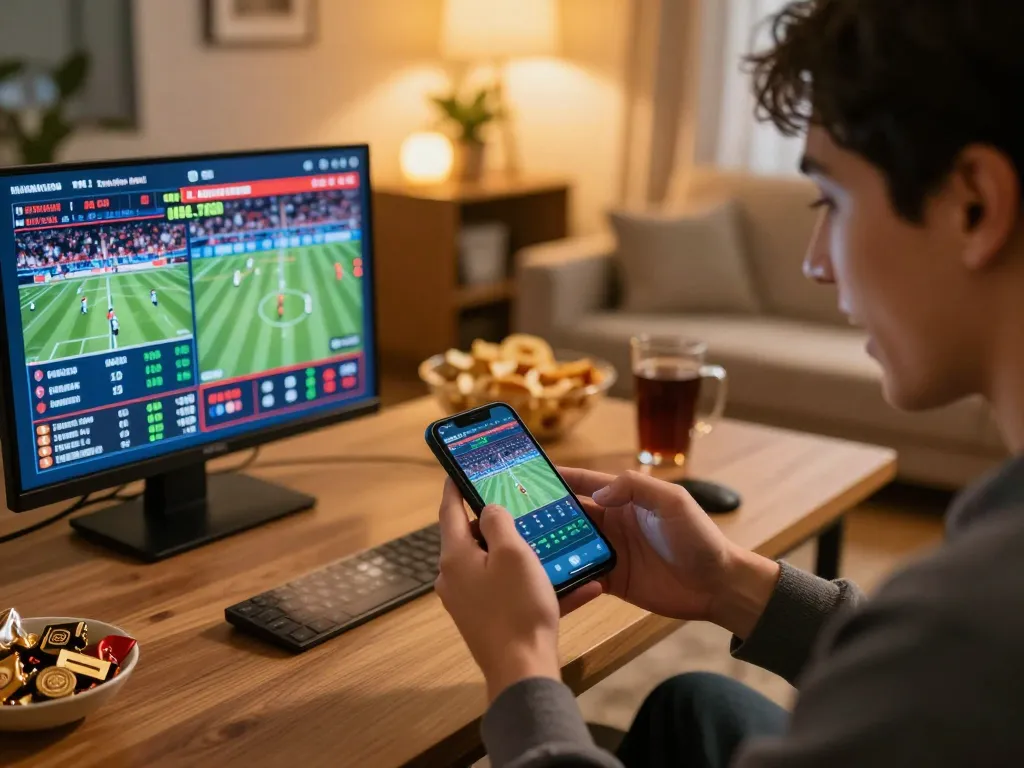 RR88 sports betting excitement with a player checking live odds on smartphone in a cozy atmosphere.