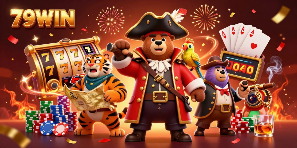 79WIN showcases a lively casino scene with pirates, vibrant slot reels, and poker elements.