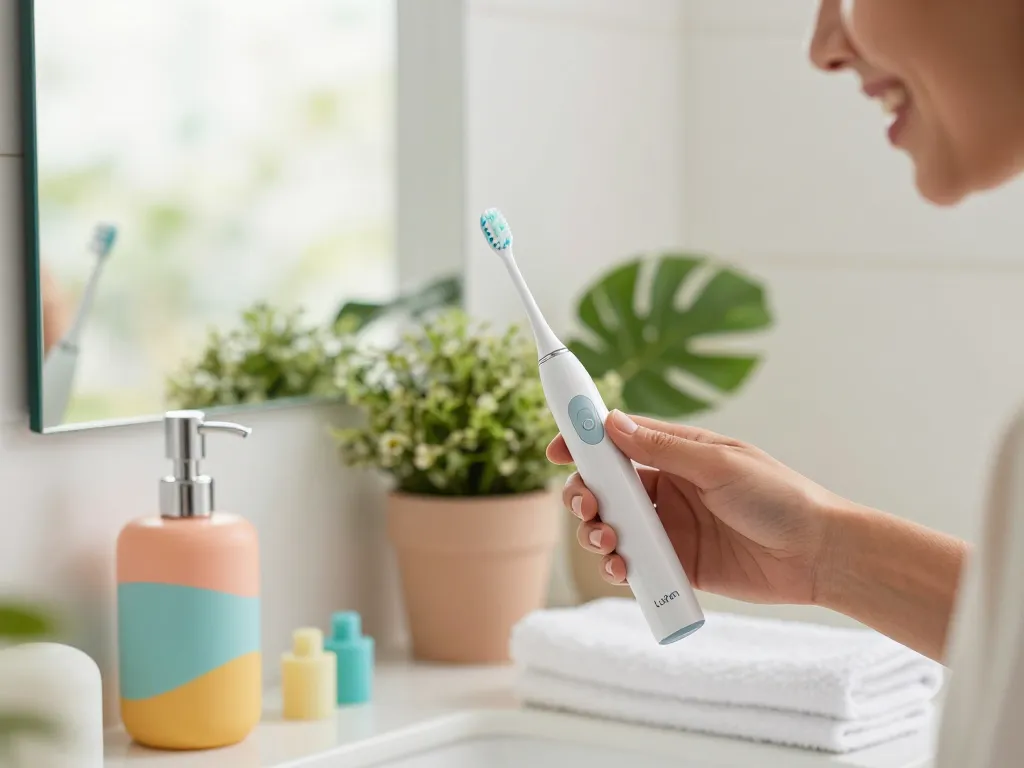 Person using a Laifen electric toothbrush in a bright bathroom setting, highlighting modern design and daily self-care.