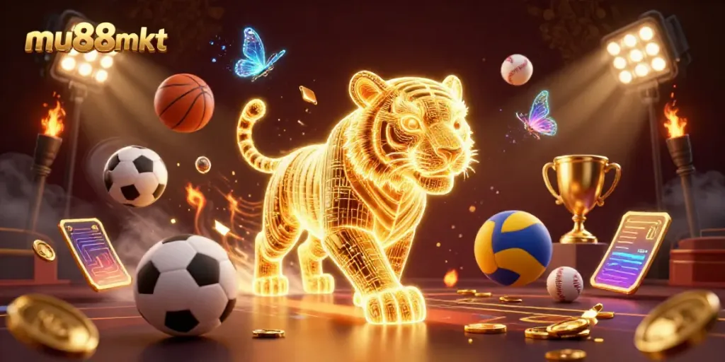 Experience the thrilling atmosphere of mu88mkt with a golden tiger in a vibrant digital casino.