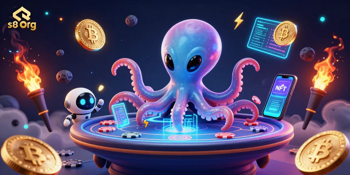 Experience excitement at s8 org with an alien octopus managing a holographic poker table amidst cryptocurrency chaos.