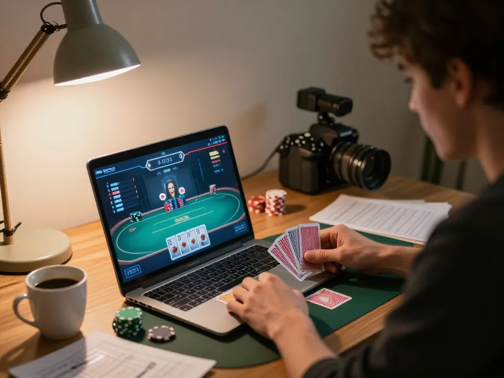 Engaging in strategic online poker gameplay at home with Hit club, showcasing focus on cards and betting.