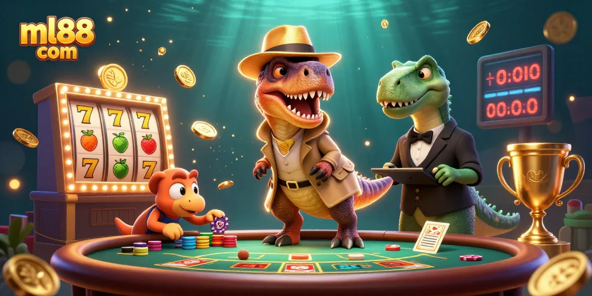 Explore the exciting realm of ml88 com with a dynamic casino scene featuring vibrant casino characters and elements.
