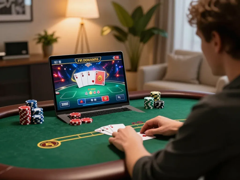 Experience thrilling poker gameplay at 98WIN on a stylish laptop in a cozy home office.