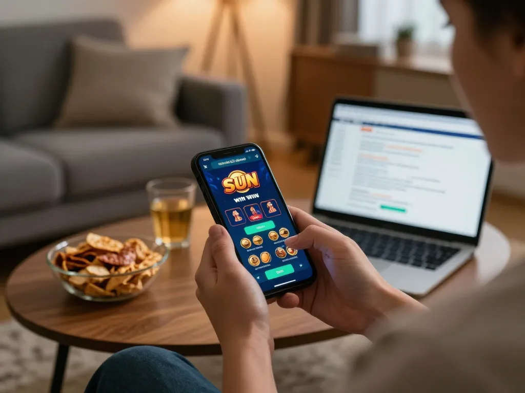 Player enjoying Sun win app on smartphone, showcasing an immersive online gaming experience in a cozy setting.