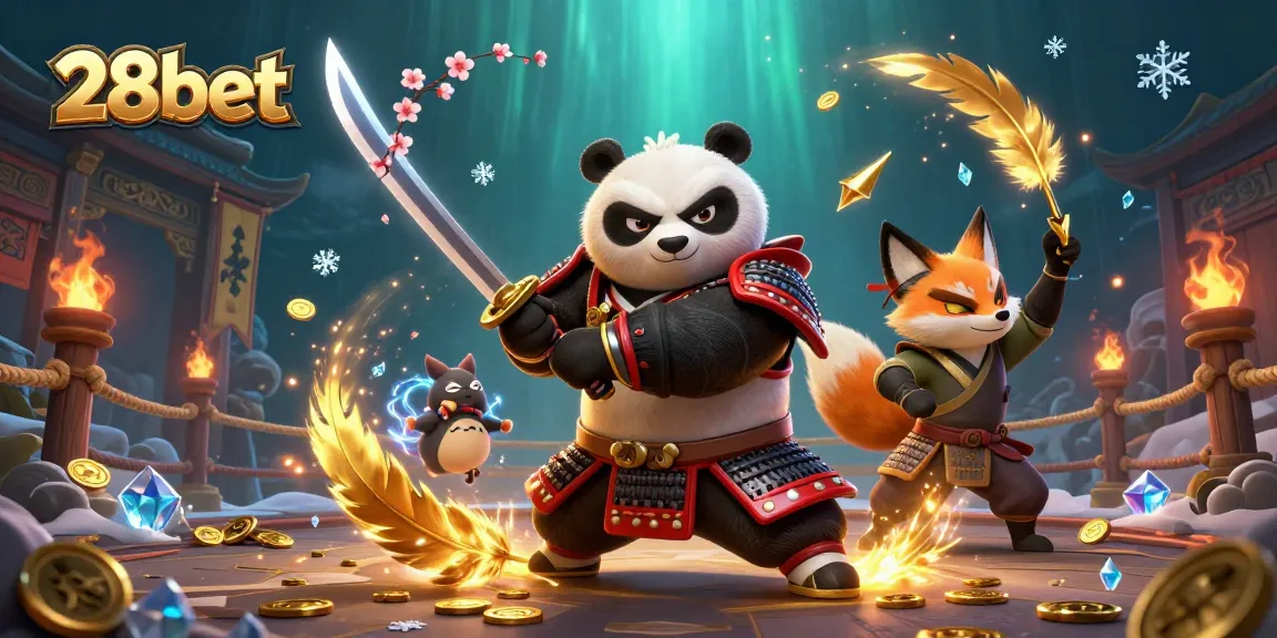 Engage with the dynamic world of 28bet as a fierce samurai panda, ninja fox, and spirit tanuki battle in a vibrant casino.