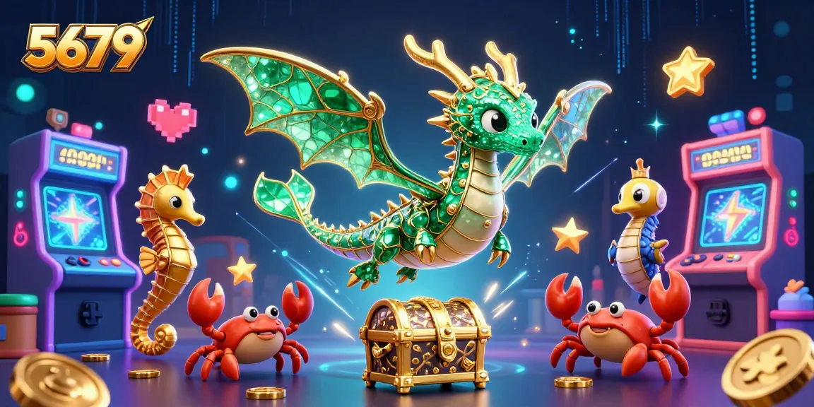 Experience exciting gaming adventures with 5679's colorful casino-themed 3D illustration showcasing unique characters.