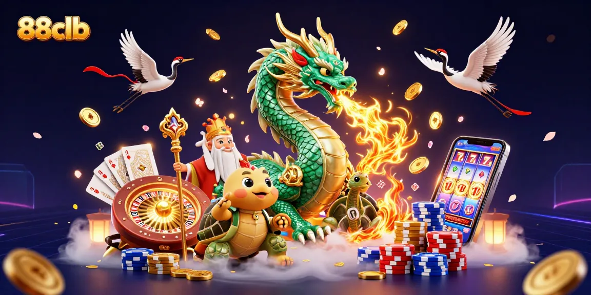 Engage with the thrilling world of 88clb, illustrated with a jade dragon and lucky symbols.