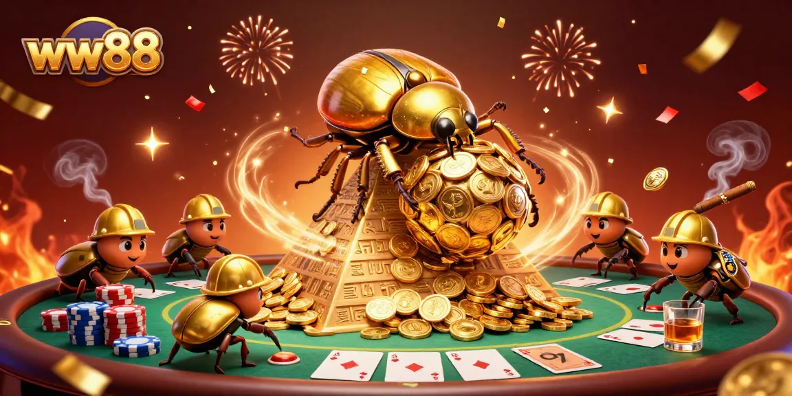 Win big at ww88 with an ultra-detailed 3D casino scene featuring golden beetles and vibrant gaming elements.