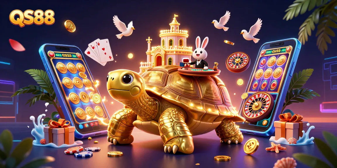 Experience the excitement of QS88 with a vibrant casino scene featuring colorful games and energetic characters.