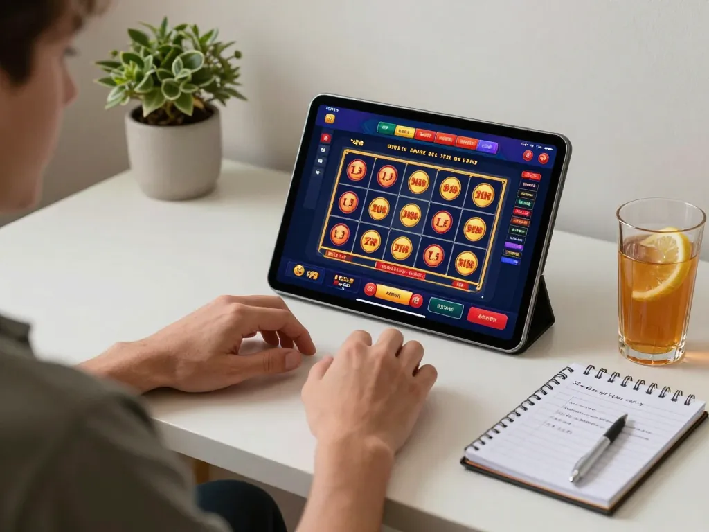 VA88 player engaged in online slot gaming on a tablet, showcasing strategic betting notes