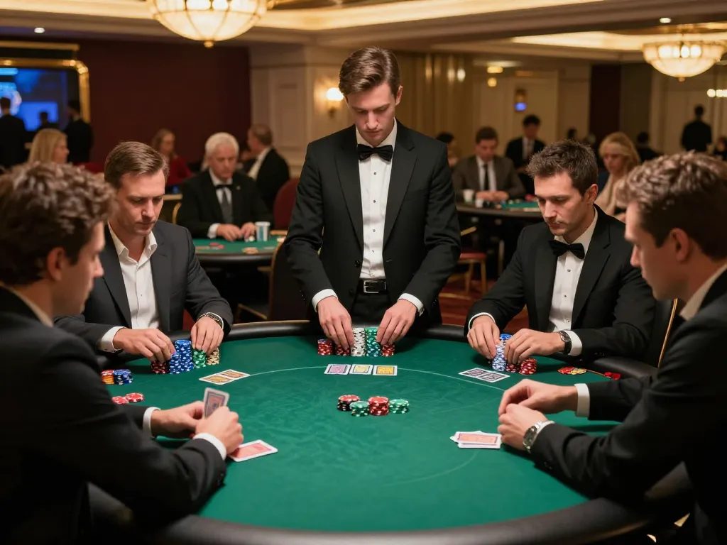 Players at a vb88 poker table analyzing their hands in a competitive casino atmosphere.