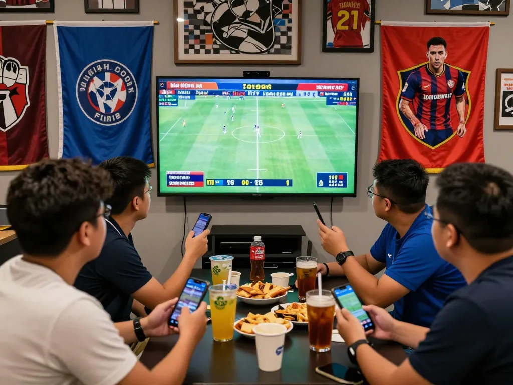 Excited football fans engaging in kèo hôm nay betting with live match displays and smartphones.