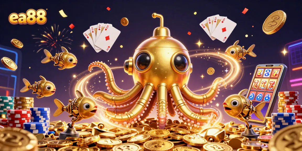 Engage with the thrilling ea88 online casino world, featuring a golden kraken submarine, dynamic game elements, and dazzling coins.
