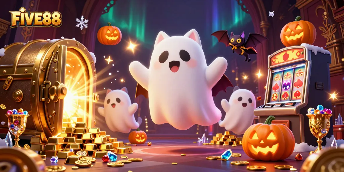 Experience the thrilling world of FIVE88 as a ghost cat and vampire bat explore a vibrant casino scene filled with treasures.