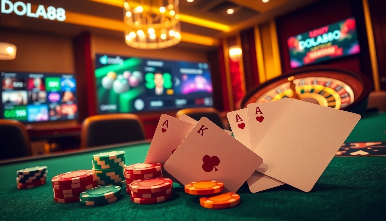 DOLA88 offers an exciting casino experience with vibrant poker chips and a roulette wheel in a luxurious setting.