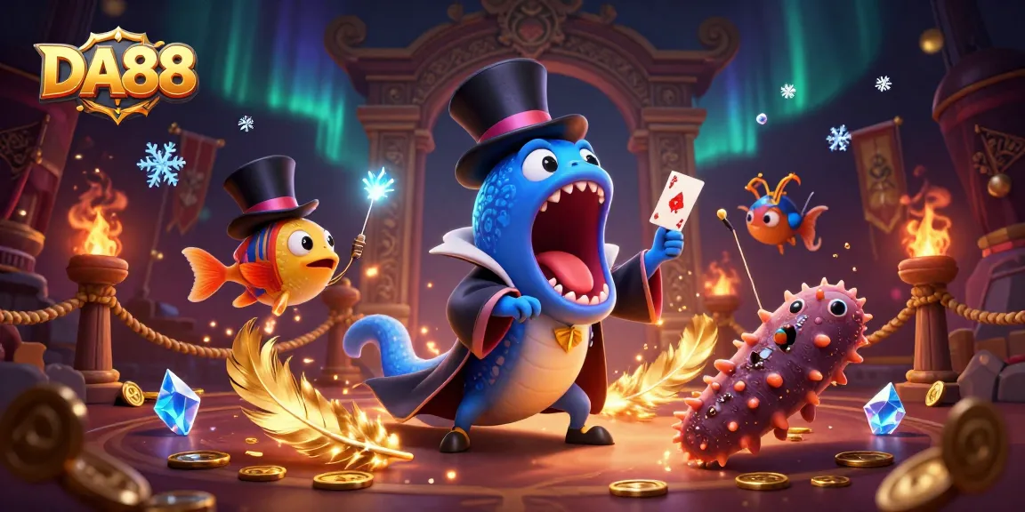 DA88 showcases thrilling card tricks by a bioluminescent gulper eel magician amidst dazzling casino magic elements.