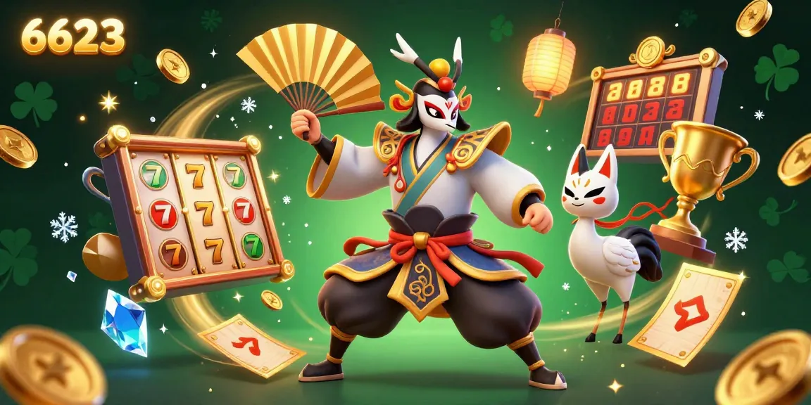 Experience thrilling action at 6623 with a dynamic casino scene featuring slots and kabuki warriors.