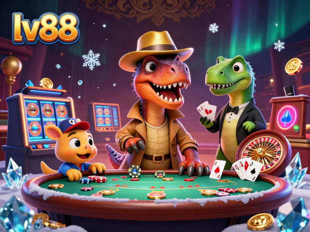 Experience thrilling casino action at lv88 with a velociraptor card counter and stegosaurus pit boss at a blackjack table.