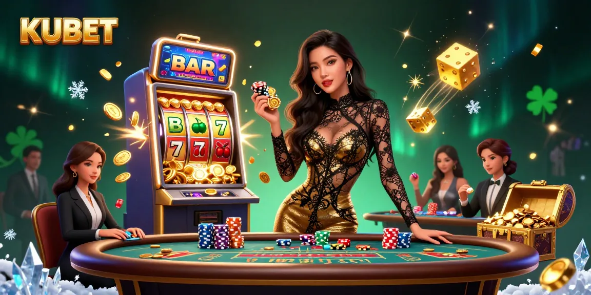 KUBET offers a luxurious gaming experience, showcasing a beautiful woman at a VIP baccarat table amid dynamic casino elements.