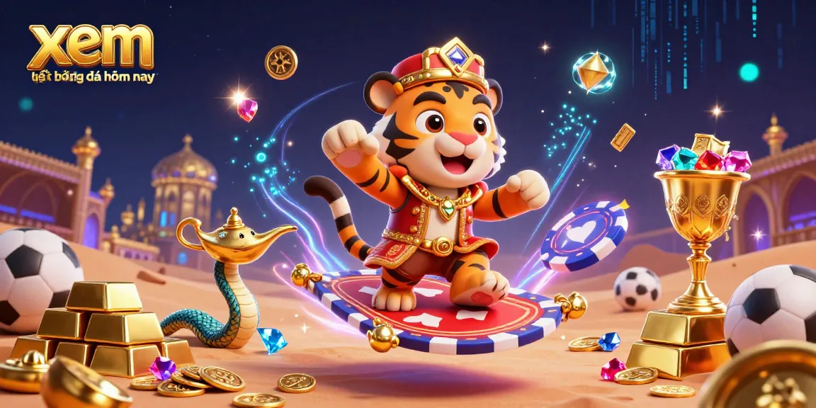 Xem kết quả bóng đá hôm nay with a detailed scene of a tiger sultan, magic lamp, and vibrant casino elements
