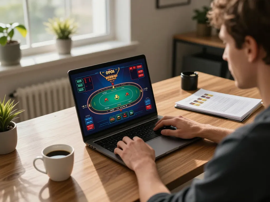 Engaging poker gameplay at one88 online gaming platform in a cozy home office setup.