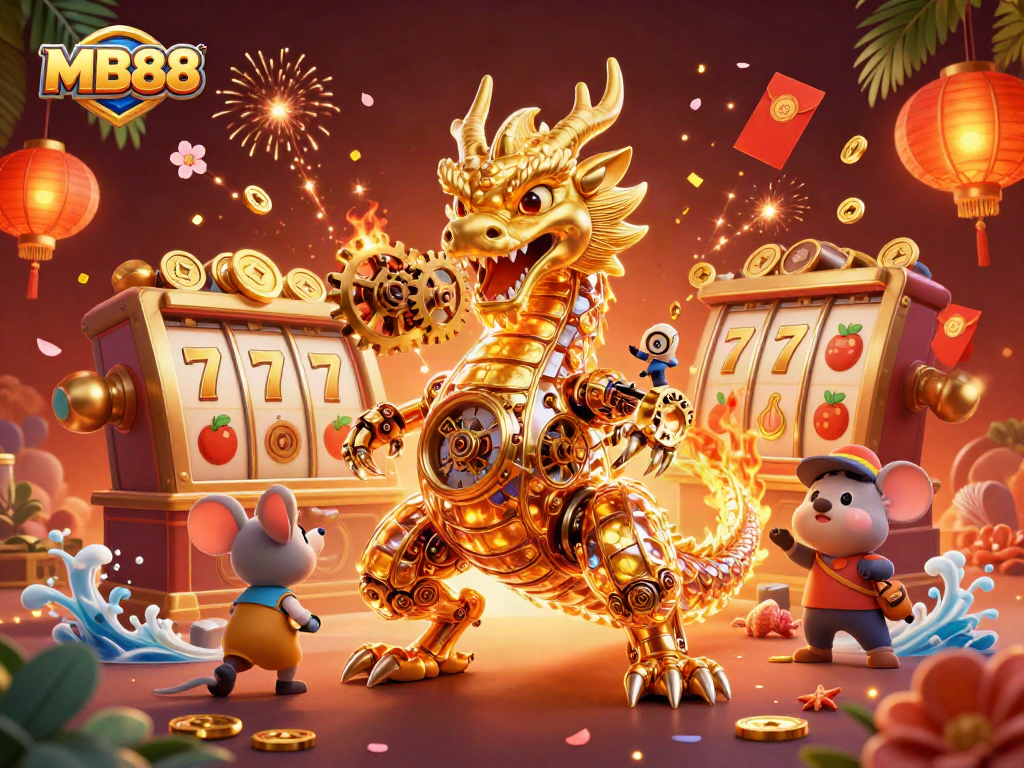 Experience thrilling gameplay with MB88, featuring a golden dragon among slot symbols and vibrant casino elements.