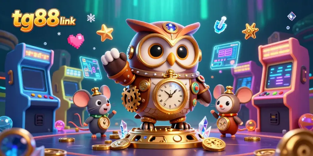 Engage in thrilling adventures with the tg88 link, featuring a steampunk owl and casino elements.