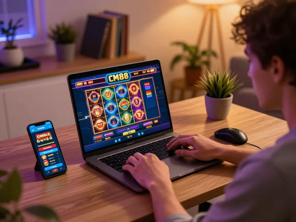 Engaged player exploring CM88 casino options on their laptop at home.