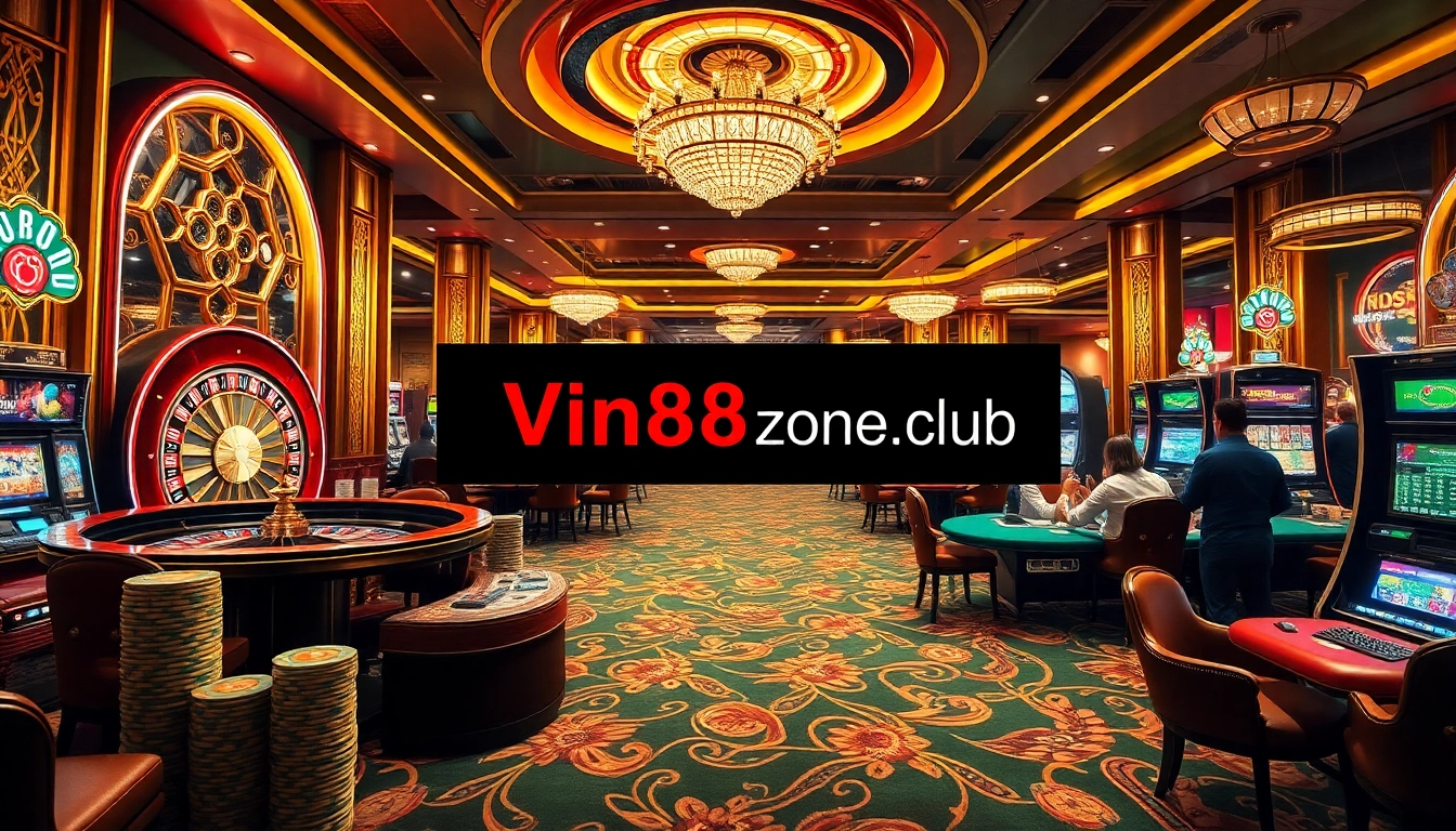 Experience the excitement of winning at https://vin88zone.club/ with vibrant casino tables, roulette wheels, and engaging players.
