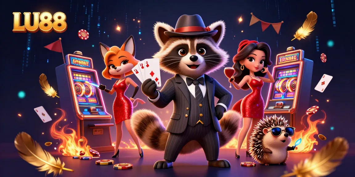 Experience thrilling winnings at LU88 with a suave raccoon, fox lady, and hedgehog bouncer in a casino setting.