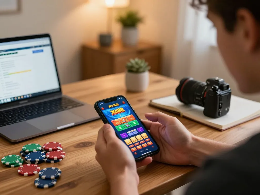 Player enjoying Xo88 gaming app on smartphone with colorful chips and cozy home setup.