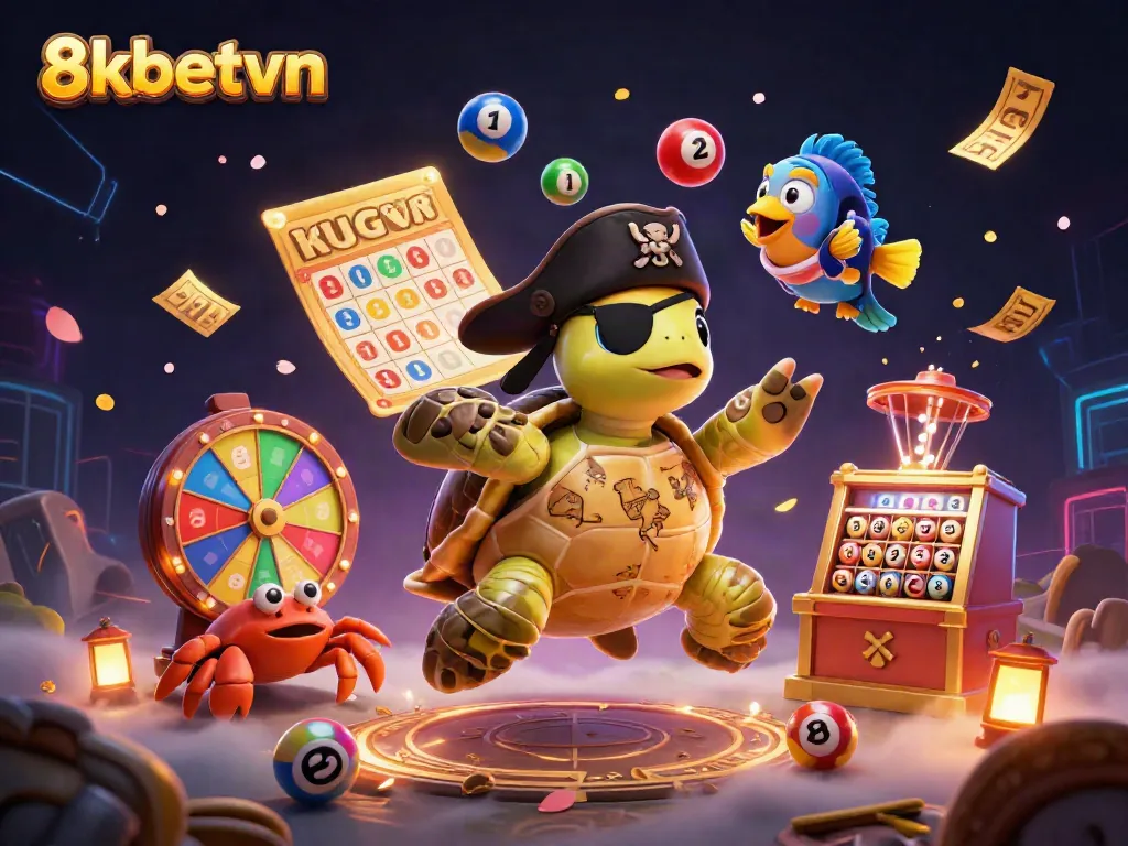 Engaging 8xbetvn scene with a pirate turtle and friends celebrating prizes, featuring colorful lottery balls and bright gaming elements.