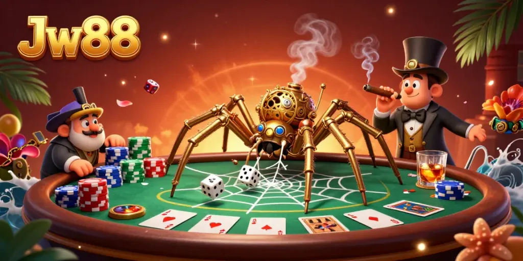Engage with Jw88's thrilling 3D casino atmosphere featuring a golden steampunk spider and poker elements.