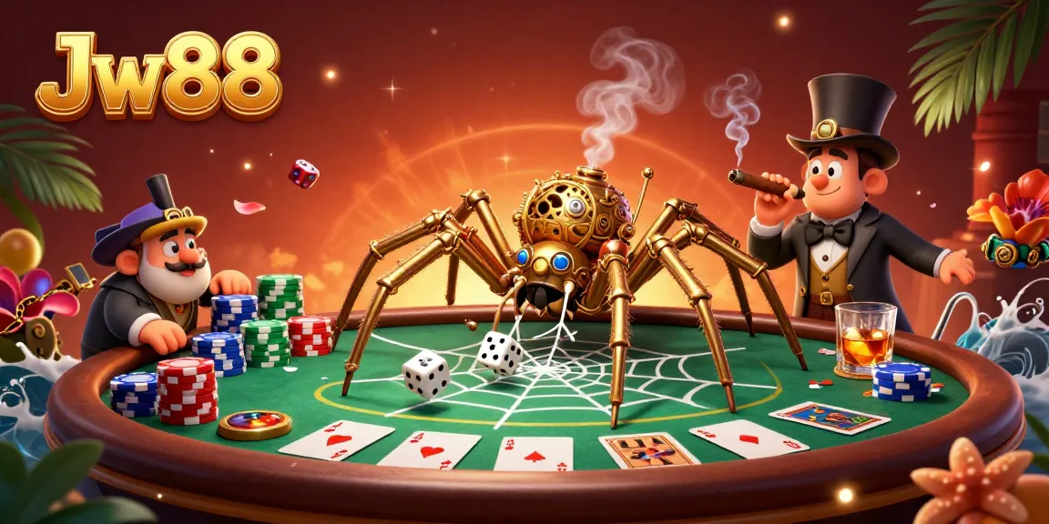 Engage with Jw88's thrilling 3D casino atmosphere featuring a golden steampunk spider and poker elements.